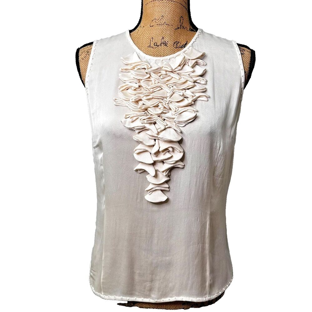 Etcetera Women Silk Ivory Ruffle Applique Sleeveless Exposed Zip Blouse Top Sz S